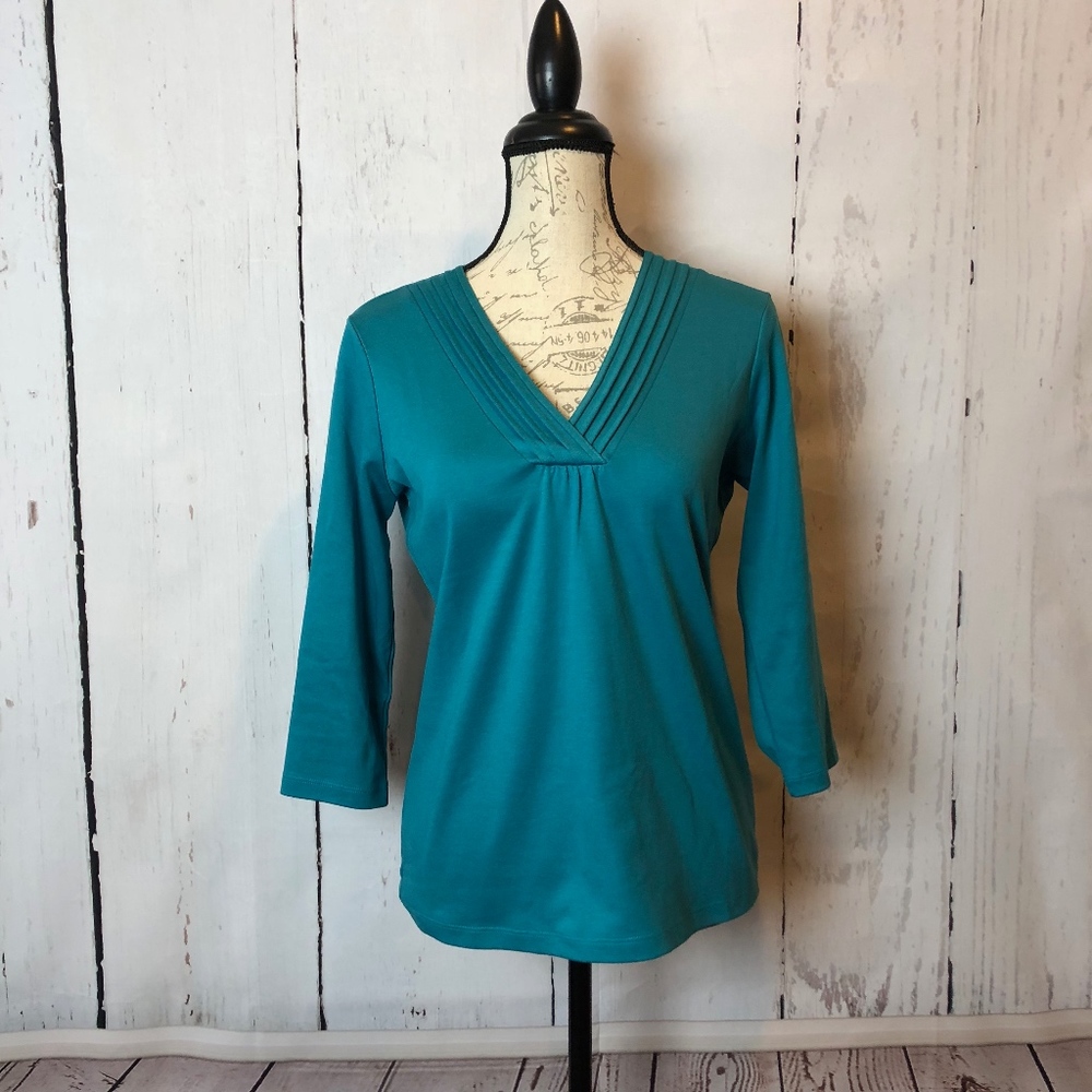 LL Bean Teal Supima Cotton V neck Top Small Medium